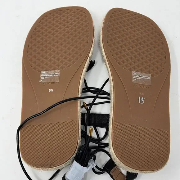 Aerosoles Fanie Lace Up Black Leather Flower Espadrilles Sandals Size 9.5 Black - Picture 12 of 14
